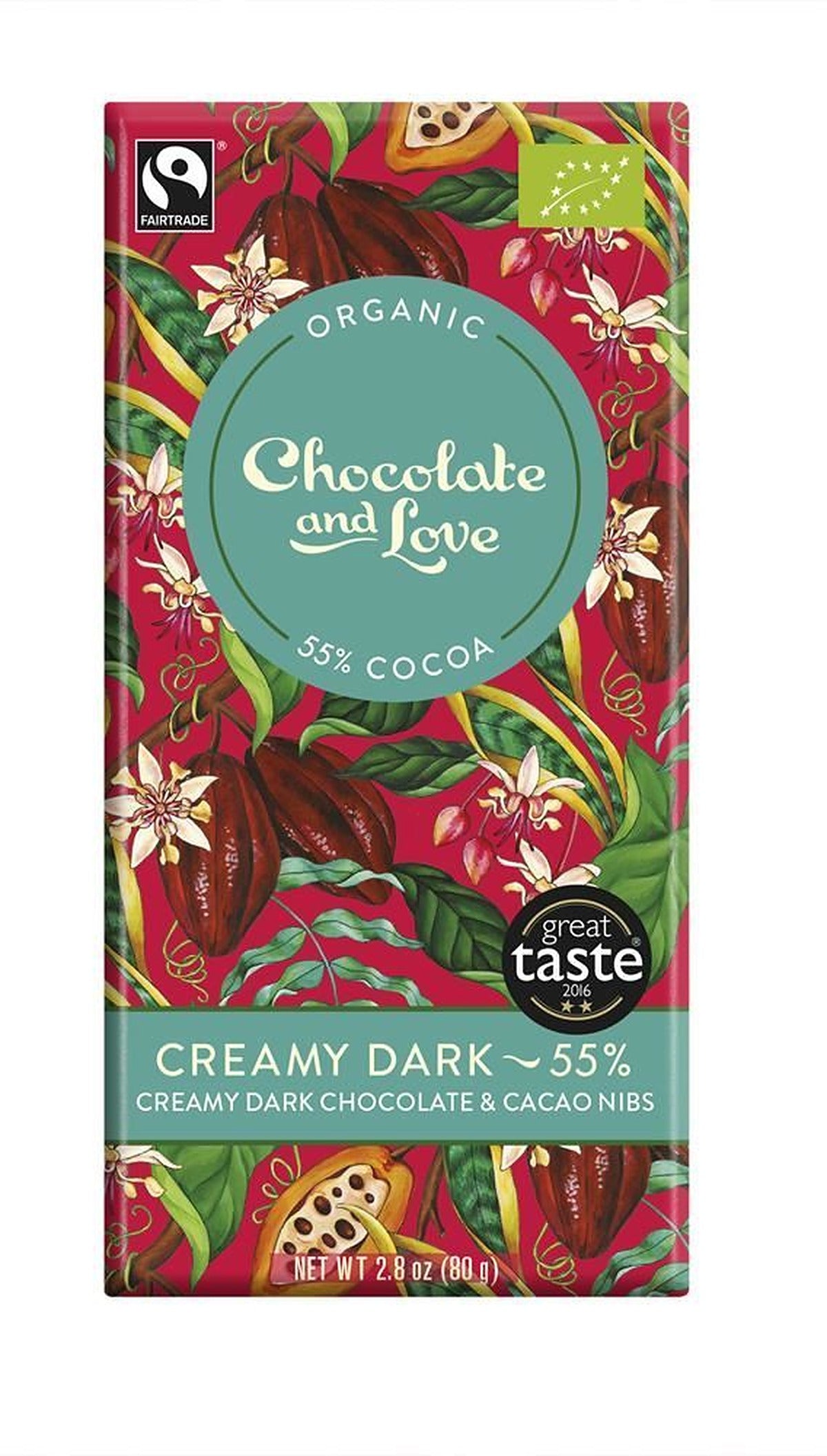 Chocolate Love Org/Fairtrade creamy dark chocolate cacao nibs 55% 80g - 14 Pack