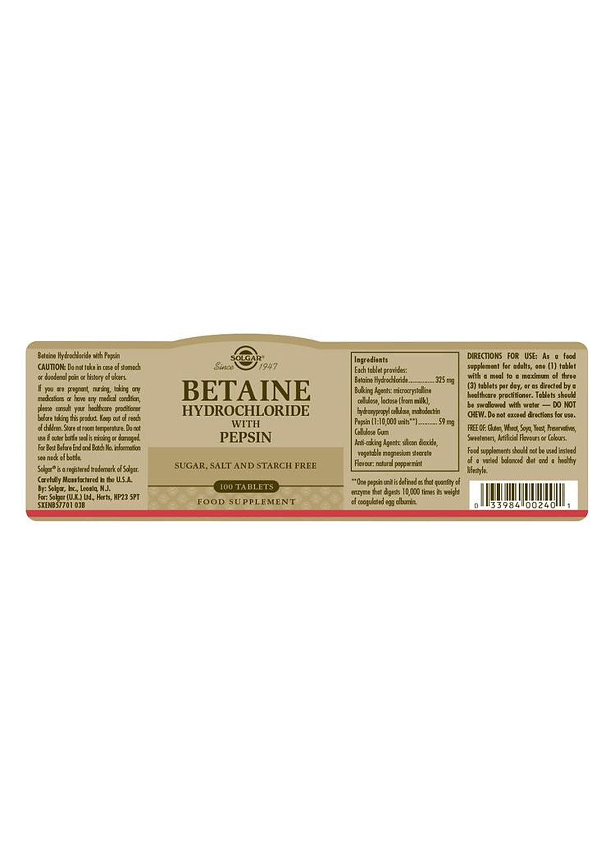 Solgar Betaine Hydrochloride with Pepsin - 100 Tablets - image 3