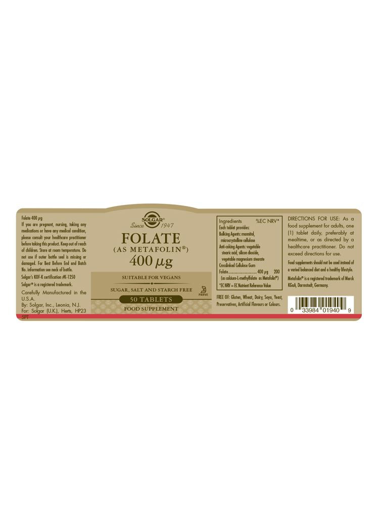 Solgar Folate (as Metafolin) 400 µg - 50 Tablets