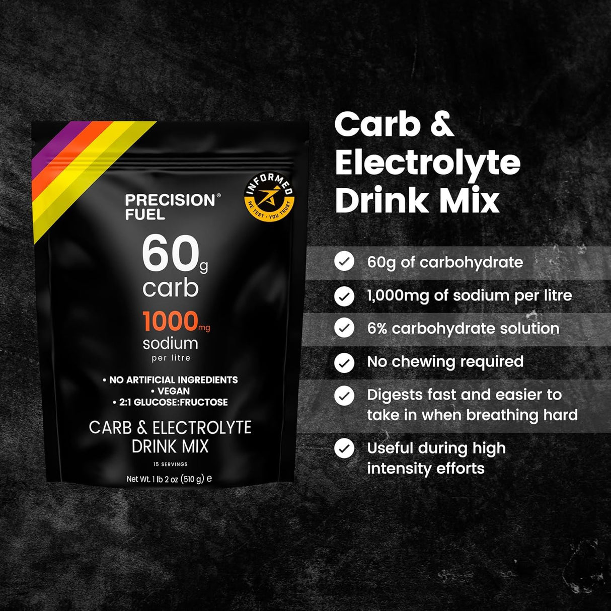 Precision Fuel Carb & Electrolytes Powder Drink Mix - 60g Carbs & 1000mg Sodium per Litre - 510g