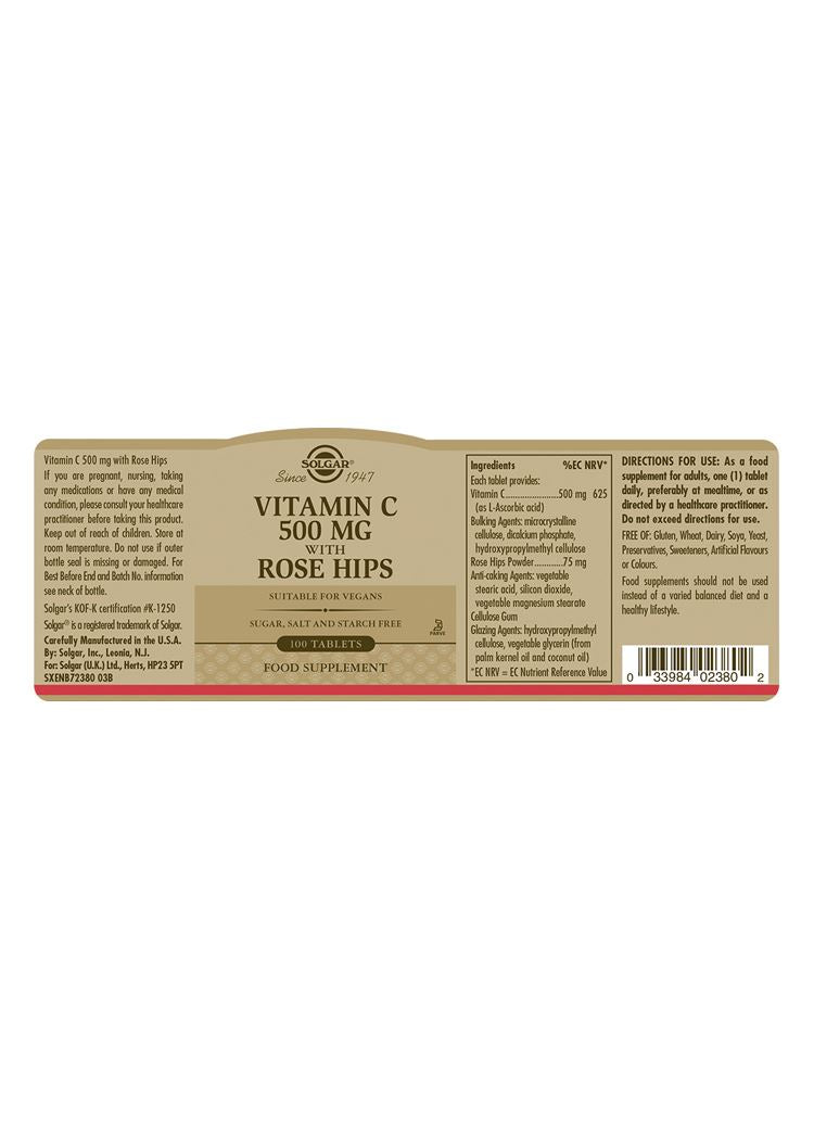 Solgar Vitamin C 500 mg with Rose Hips - 100 Tablets