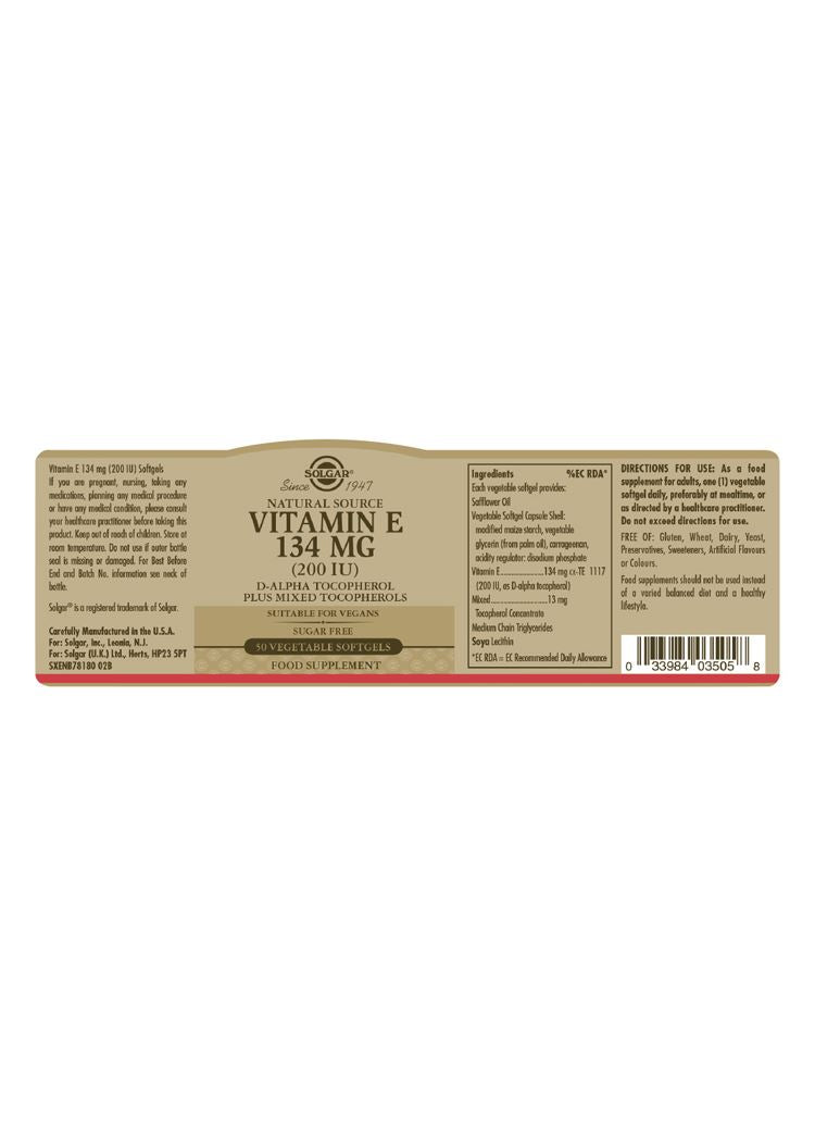 Solgar Natural Source Vitamin E 134 mg (200 IU) - 50 Softgels