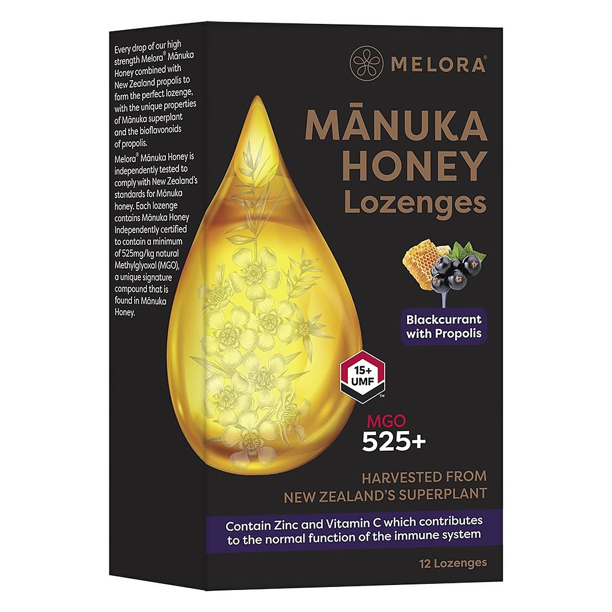 Melora Manuka Honey 525 MGO Blackcurrant and Propolis 12 Lozenges
