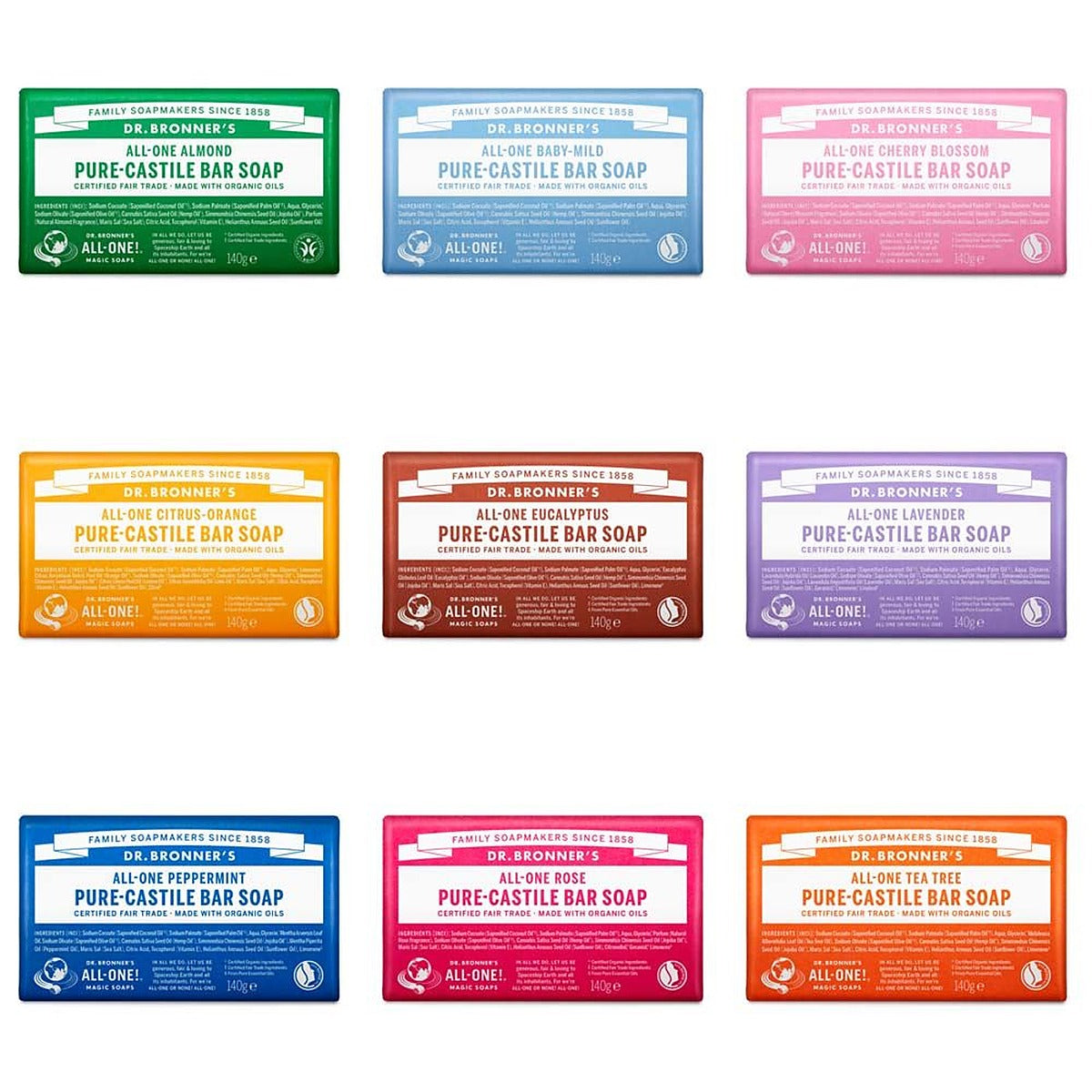 Dr Bronner's Pure Castile Bar Soap - 140g - All Scents – Health Plus Living