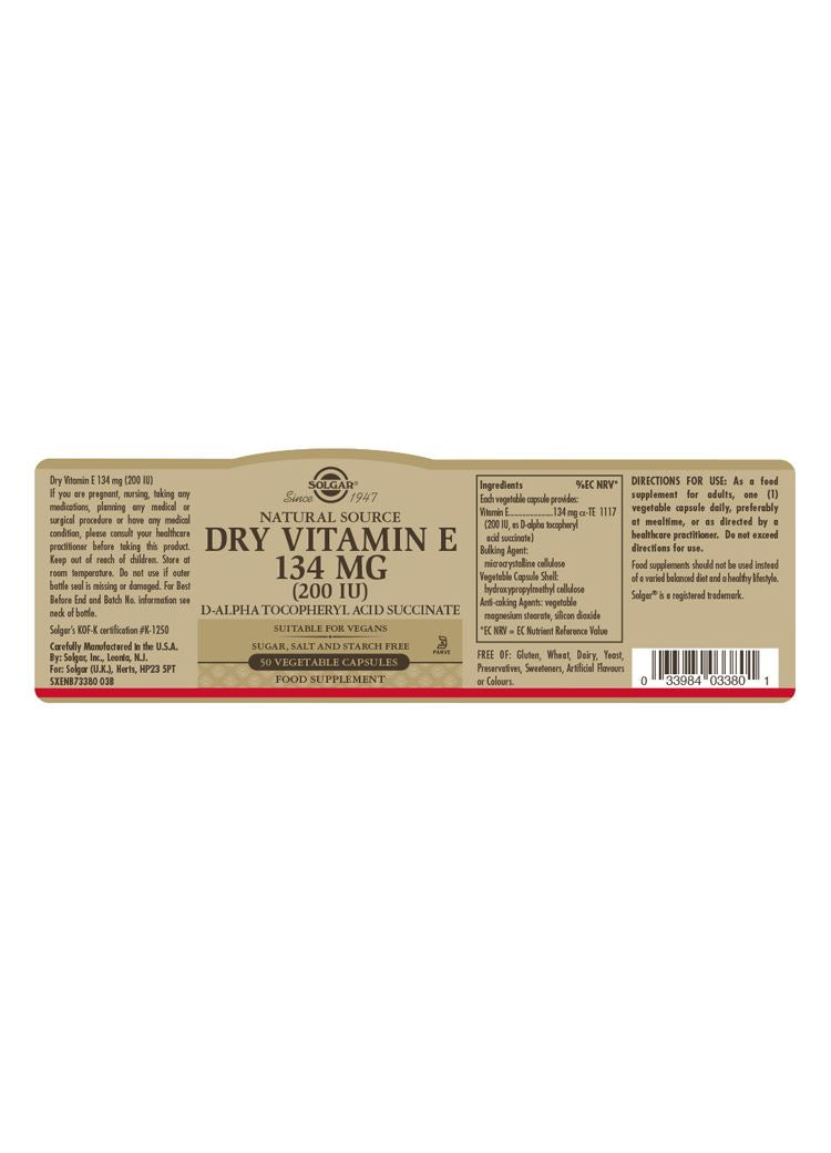 Solgar Natural Source Dry Vitamin E 134 mg (200 IU) - 50 Vegicaps