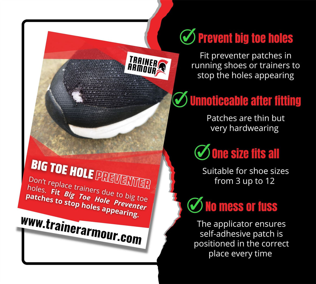 Trainer Armour Big Toe Hole & Heel Hole Preventer Patches - Black or White