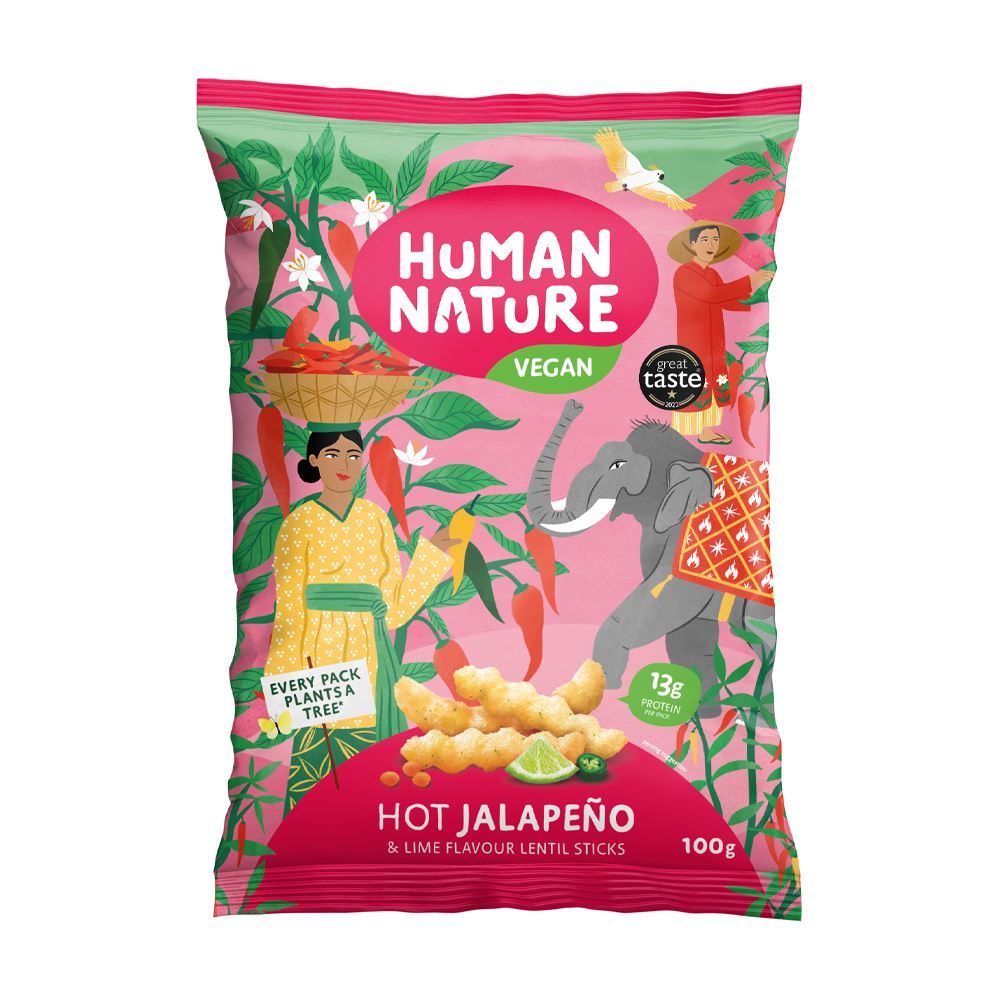 Human Nature Hot jalapeno and Lime Flavour Lentil Snacks 100g - 10 Pack