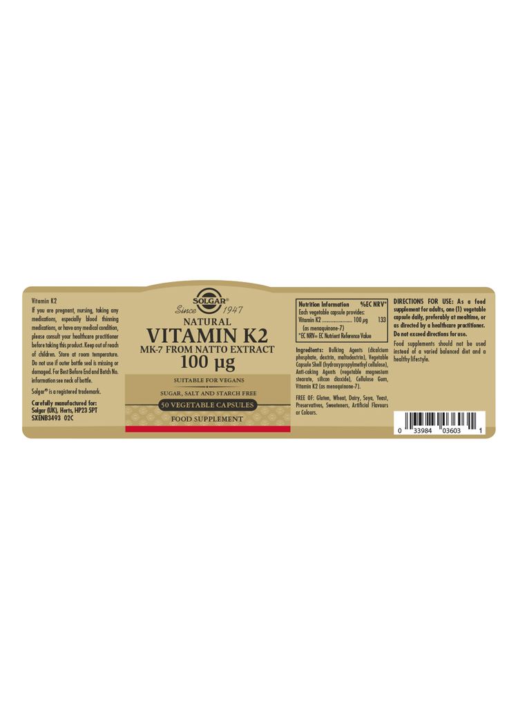 Solgar Natural Vitamin K2 (MK-7) 100 µg - 50 Vegicaps