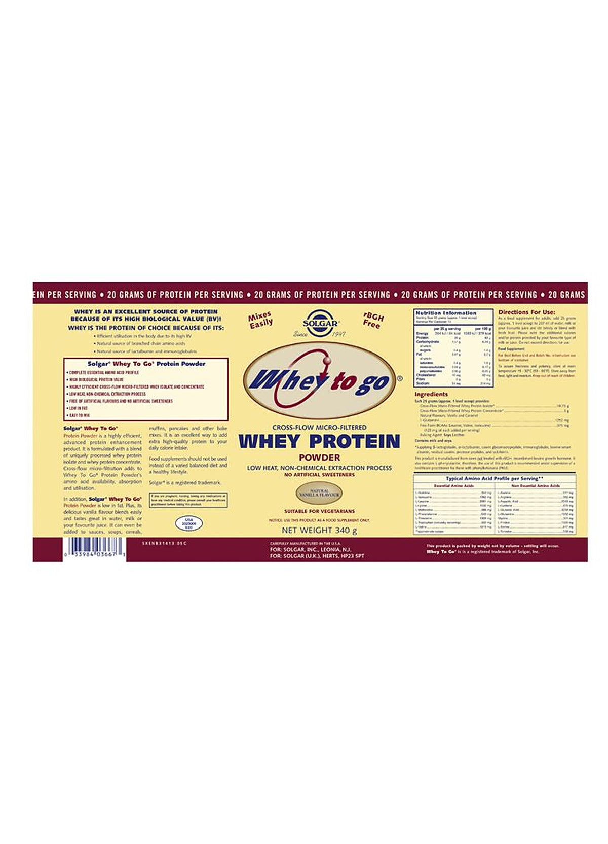 Solgar Whey To Go Natural Vanilla Flavour Protein Powder 340 g - image 3