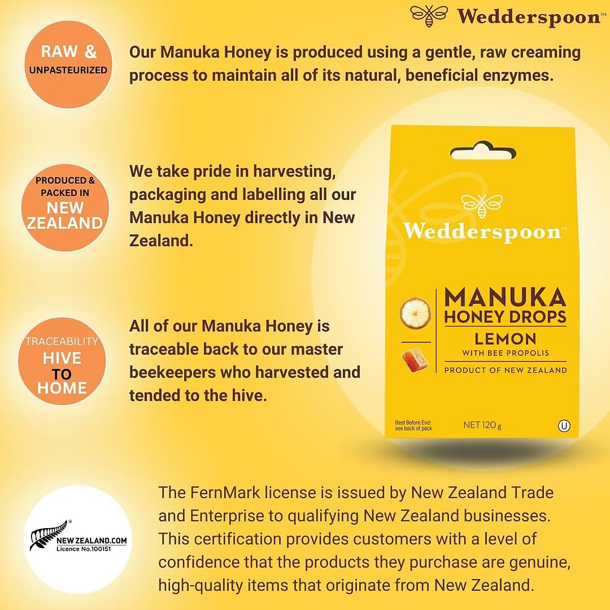 Wedderspoon Manuka Honey Drops Lemon & Bee Propolis 120g - image 3