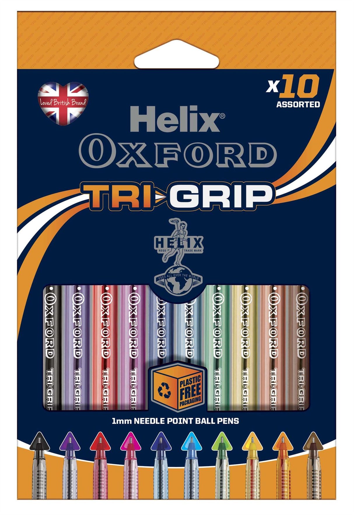 Helix Oxford Tri-Grip Ballpoint Pens Assorted Colours x10 Pack