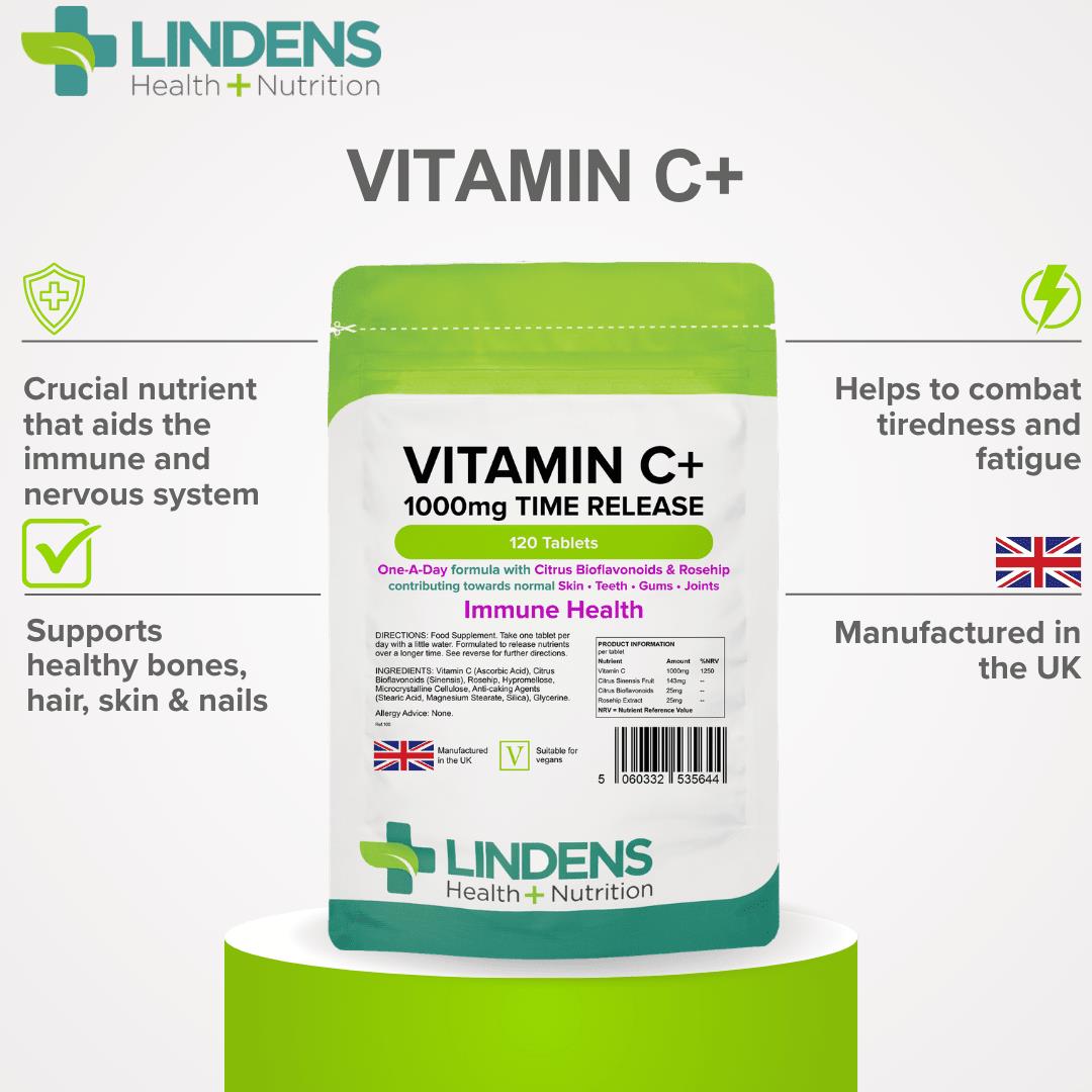 Lindens Vitamin C+ 1000mg - with Rosehip+Bioflavonoids - 120 Time Release Tablets - image 3
