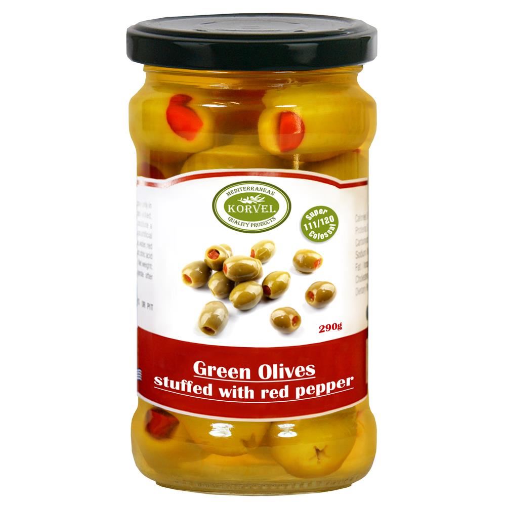Korvel Greek Red Pepper Stuffed Olives Super Colossal 290g - 12 Pack