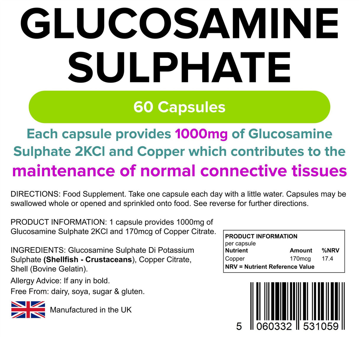 Lindens Glucosamine Sulphate 1000mg - 60 Capsules