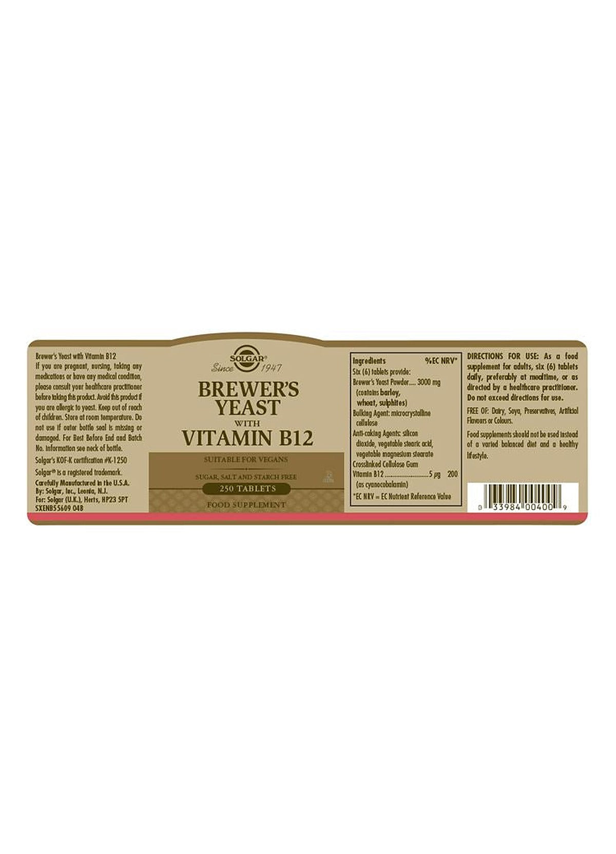 Solgar Brewer's Yeast with Vitamin B12 - 250 Tablets - image 3