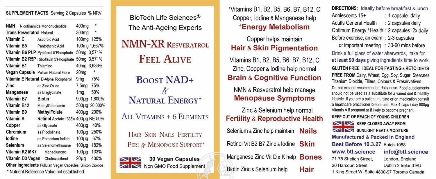 NMN-XR Resveratrol Vitamins Anti-Ageing Hair Skin Menopause 30 Vegan Caps