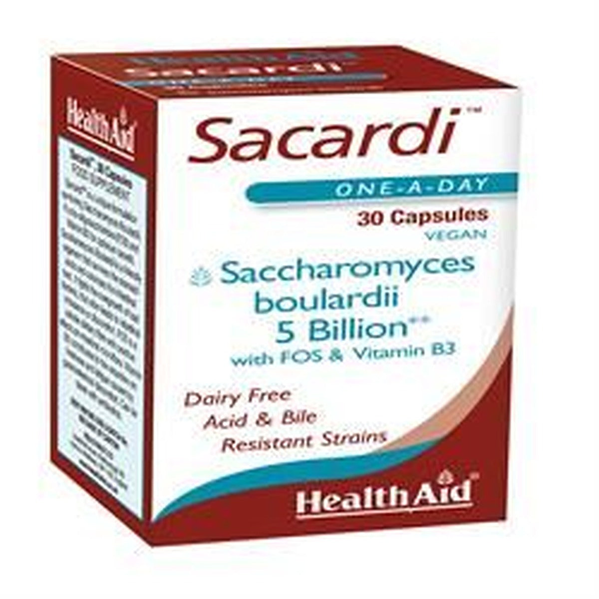 HealthAid Sacardi (Saccharomyces boulardii) 5billion +Vit B3+FOS 30 Vegicaps