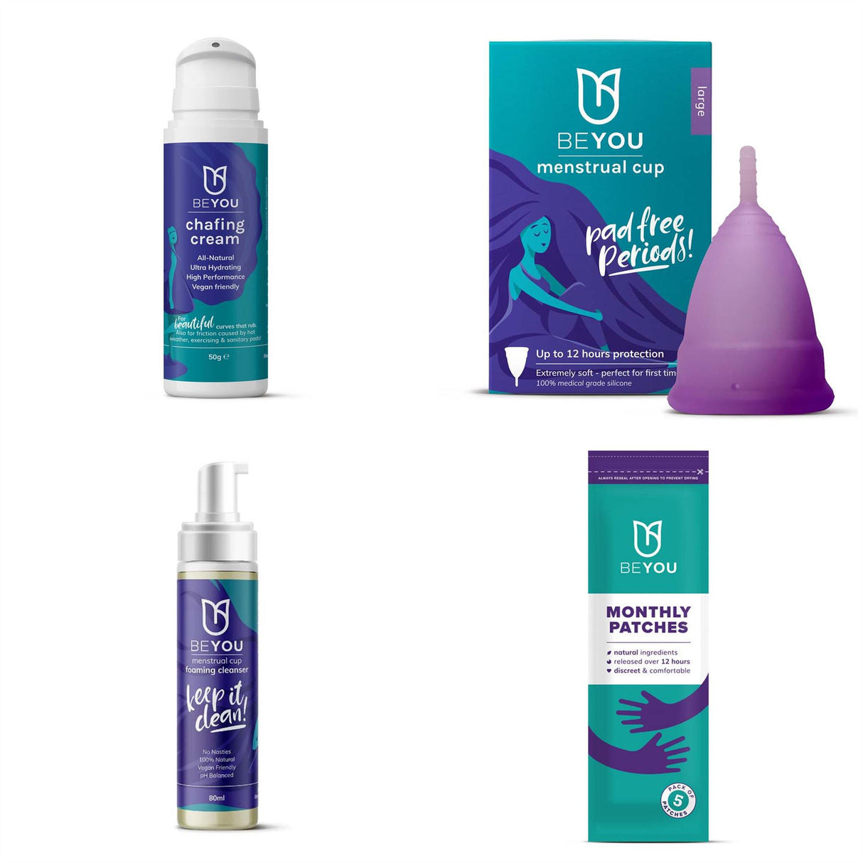 BeYou Monthly Patches, Menstrucal Cups, Foam & Anti-Chafing Cream - All Sizes