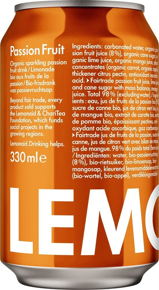 Lemonaid Passion Fruit Organic Sparkling Soft Drink 330ml cans - 4 Pack