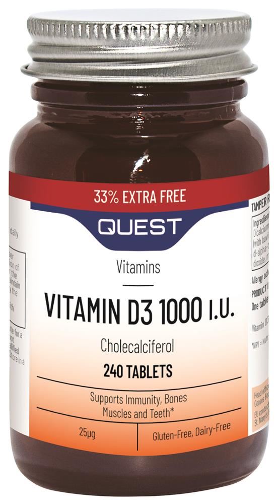 Quest VITAMIN D 1000iu (33% EXTRA FREE) 180+60 Tablets