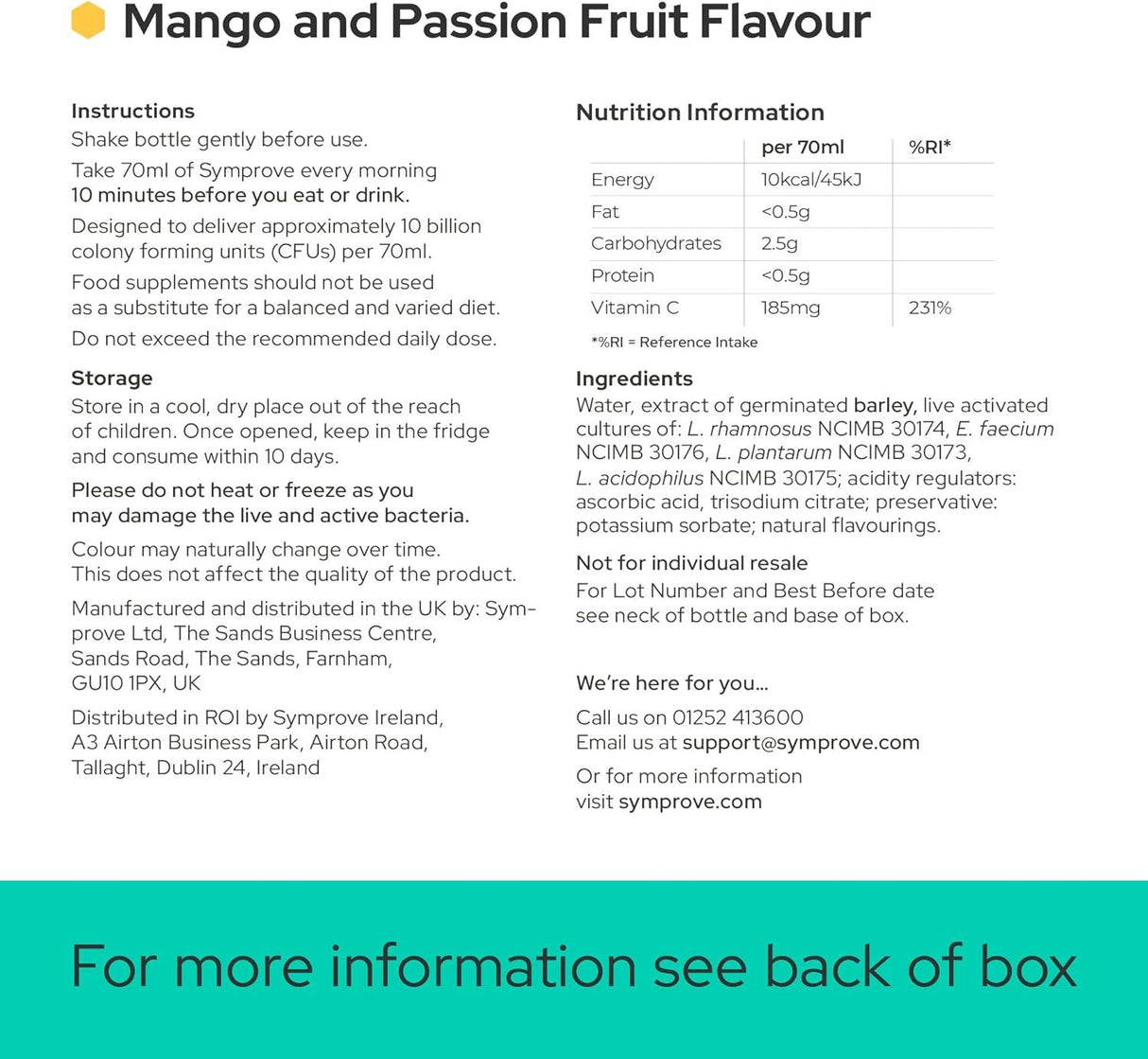 Symprove Mango and Passionfruit Probiotic Drink with Live Bacteria 500ml - Pack of 4