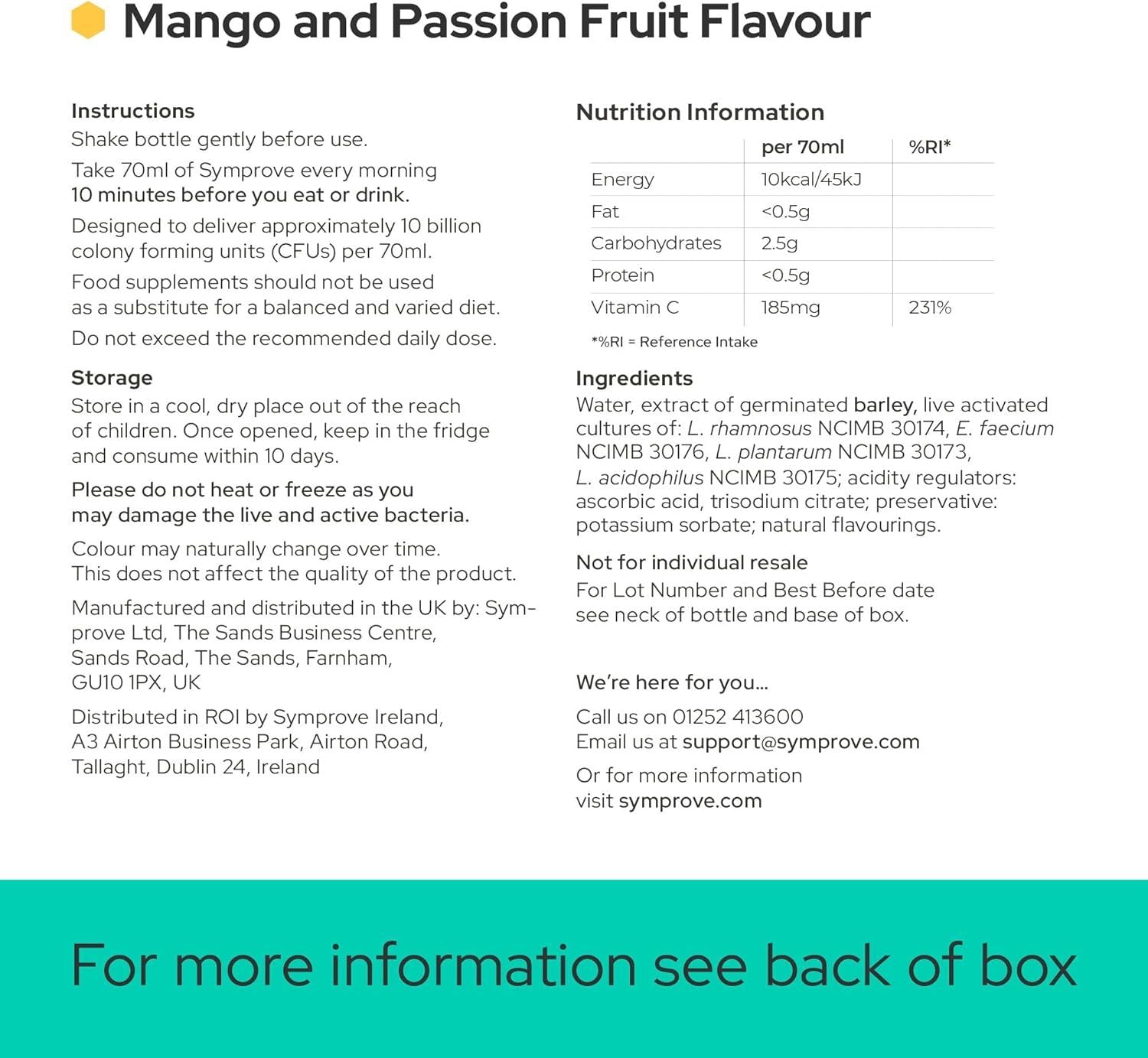 Symprove Mango and Passionfruit Probiotic Drink with Live Bacteria 500ml - Pack of 4