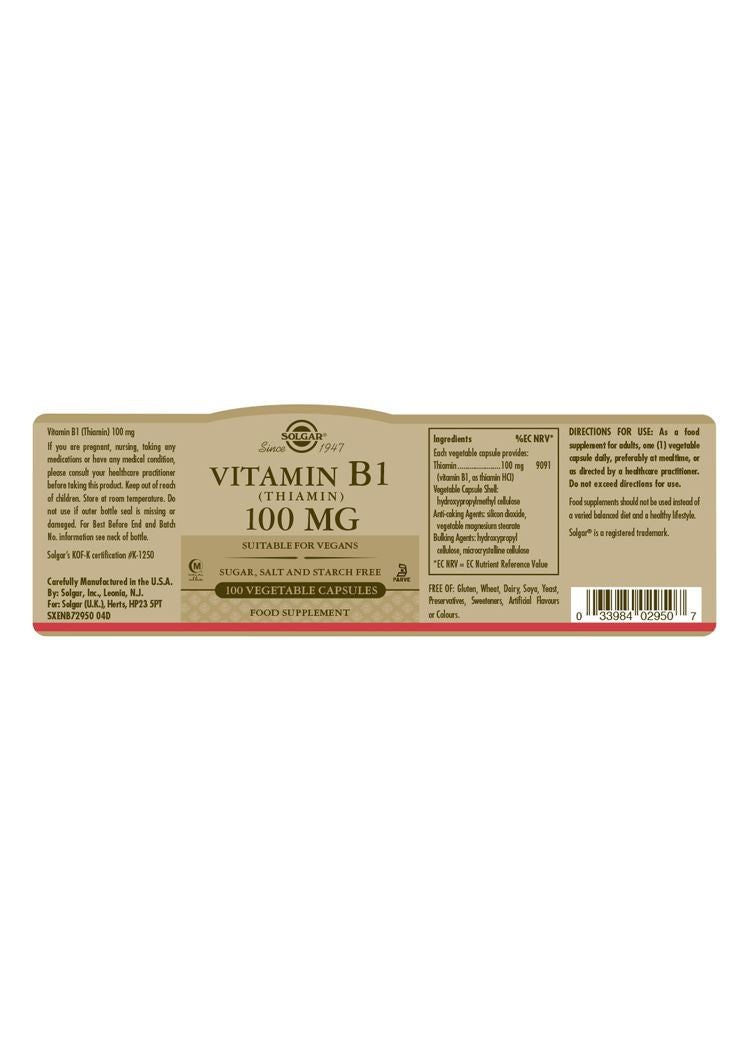 Solgar Vitamin B1 (Thiamin) 100 mg - 100 Vegicaps