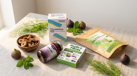 Vivomixx probiotic, Greens Organic inulin, Quest Enzyme Digest and Ortis Fruits & Fibres cubes arranged on a linen surface
