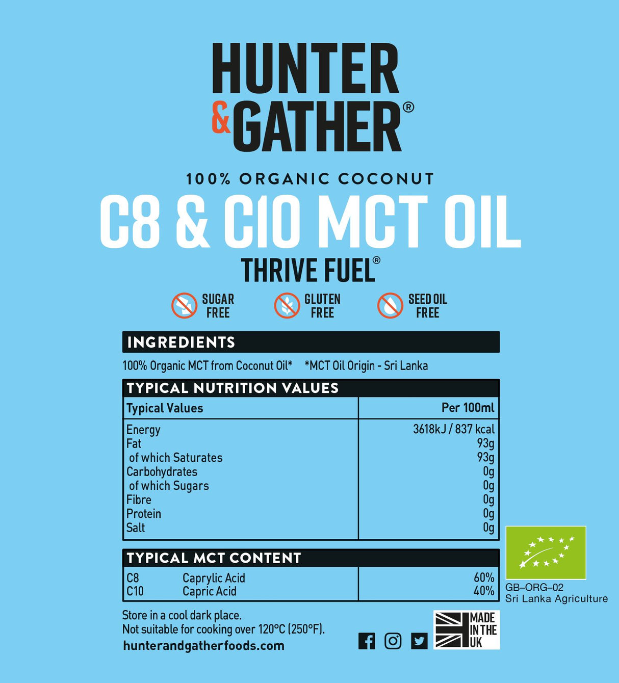 Hunter & Gather Premium C8 & C10 MCT Oil made from Organic Coconuts 500ml