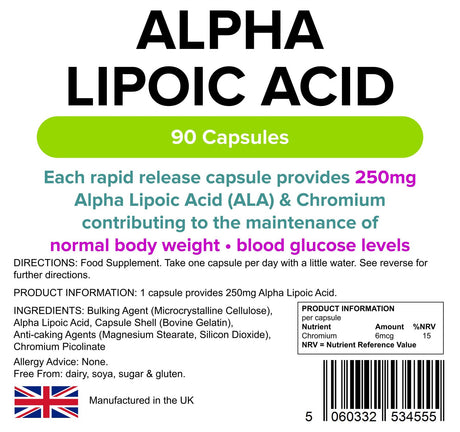 Lindens Alpha Lipoic Acid 250mg - 90 Capsules