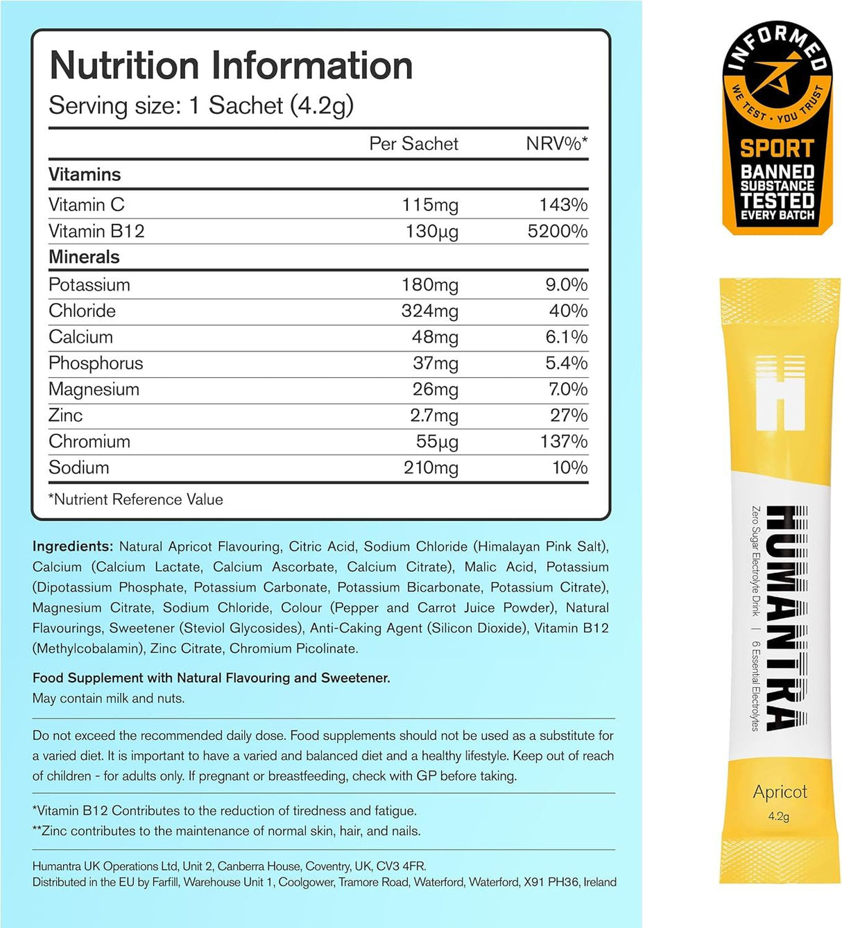 Humantra Electrolyte Powder Apricot 20 Sachets - Hydration Drink Mix with 6 Electrolytes, Vegan, Sugar Free, Gluten Free