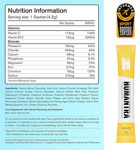 Humantra Electrolyte Powder Apricot 20 Sachets - Hydration Drink Mix with 6 Electrolytes, Vegan, Sugar Free, Gluten Free