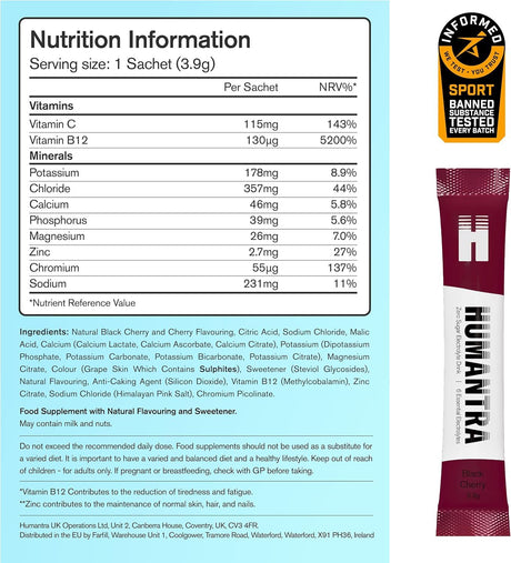 Humantra Electrolyte Powder Black Cherry 20 Sachets - Hydration Drink Mix with 6 Electrolytes, Vegan, Sugar Free, Gluten Free