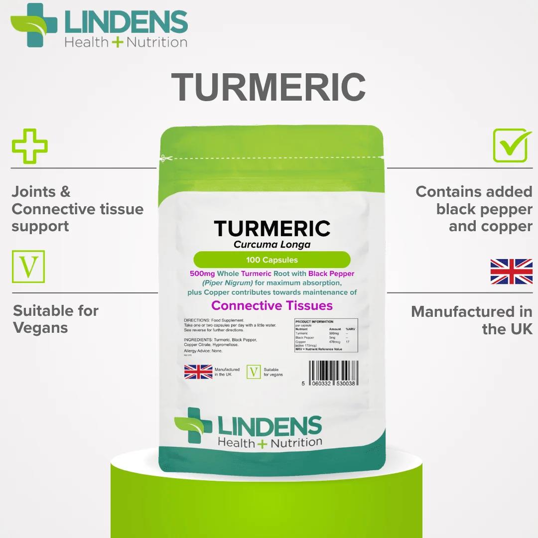 Lindens Turmeric and Black Pepper - 500mg Curcumin - 100 Capsules - image 3