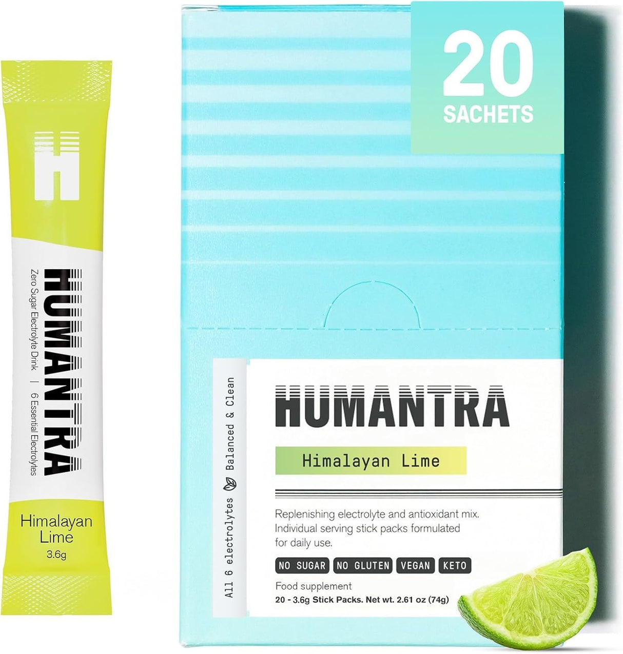 Humantra Electrolyte Powder Himalayan Lime 20 Sachets - Hydration Drink Mix with 6 Electrolytes, Vegan, Sugar Free, Gluten Free