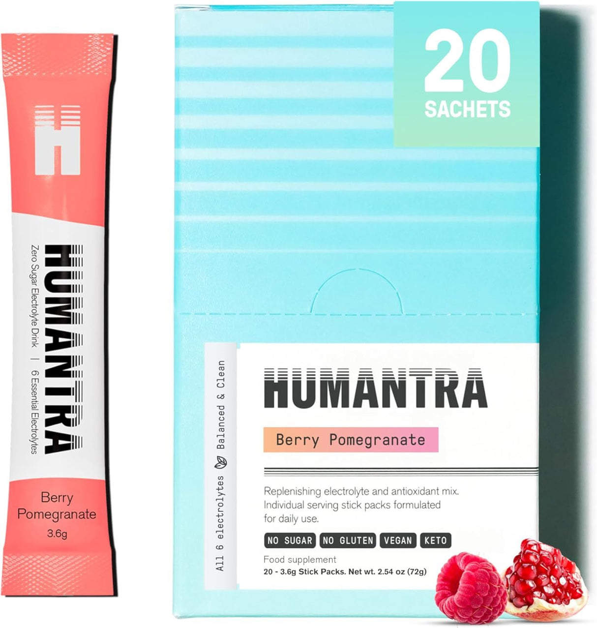 Humantra Electrolyte Powder Berry Pomegranate 20 Sachets - Hydration Drink Mix with 6 Electrolytes, Vegan, Sugar Free, Gluten Free