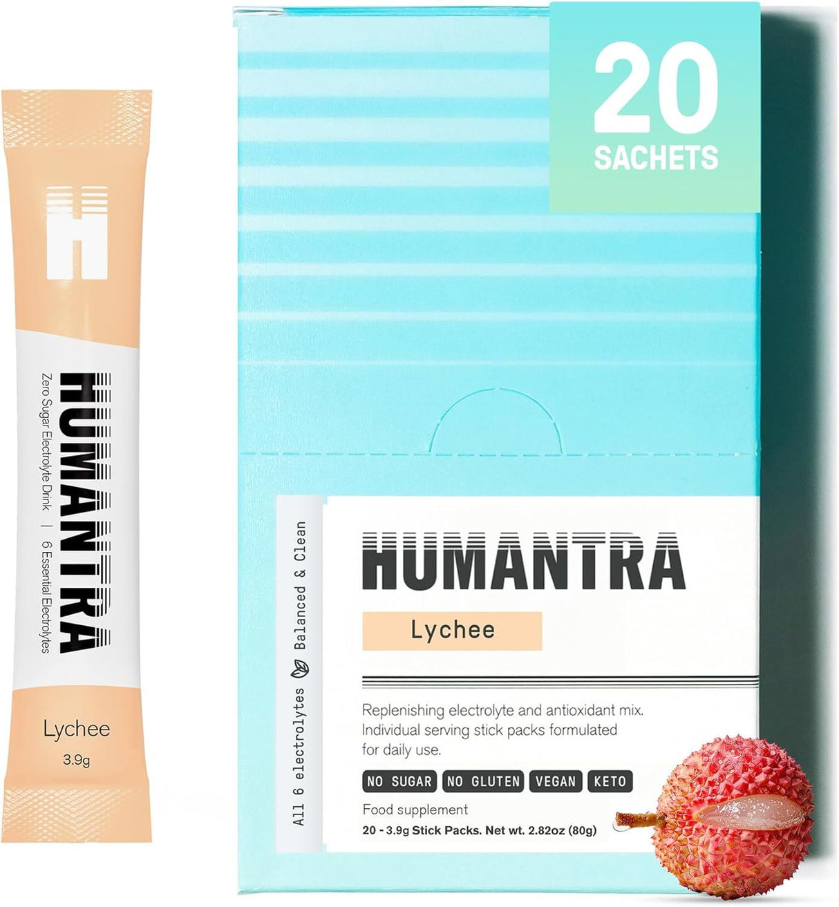 Humantra Electrolyte Powder Lychee 20 Sachets - Hydration Drink Mix with 6 Electrolytes, Vegan, Sugar Free, Gluten Free