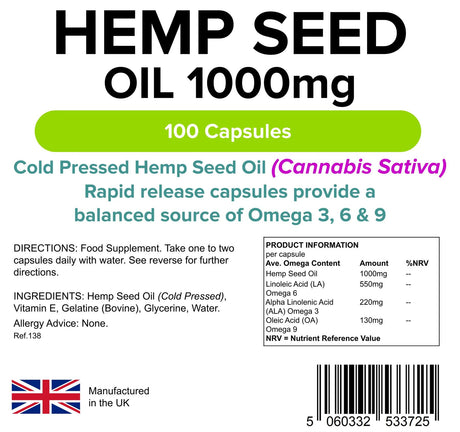 Lindens Hemp Seed Oil 1000mg - 100 Capsules