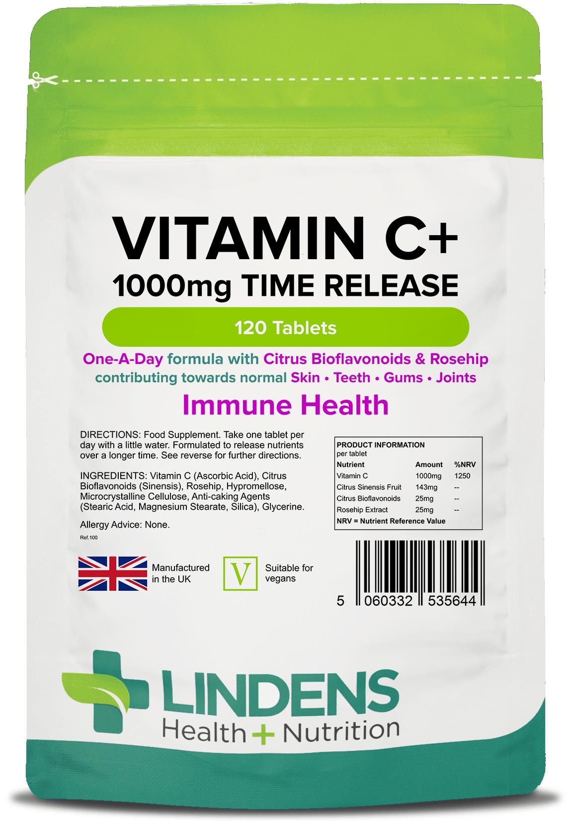 Lindens Vitamin C+ 1000mg - with Rosehip+Bioflavonoids - 120 Time Release Tablets