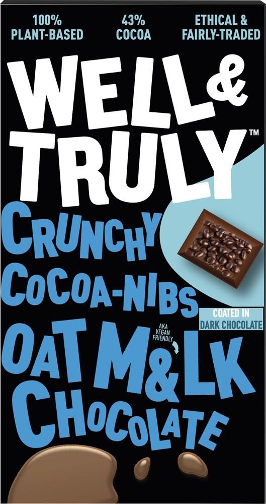 Well and Truly Oat M&lk Chocolate with Dark Chocolate Covered Cocoa Nibs 90g