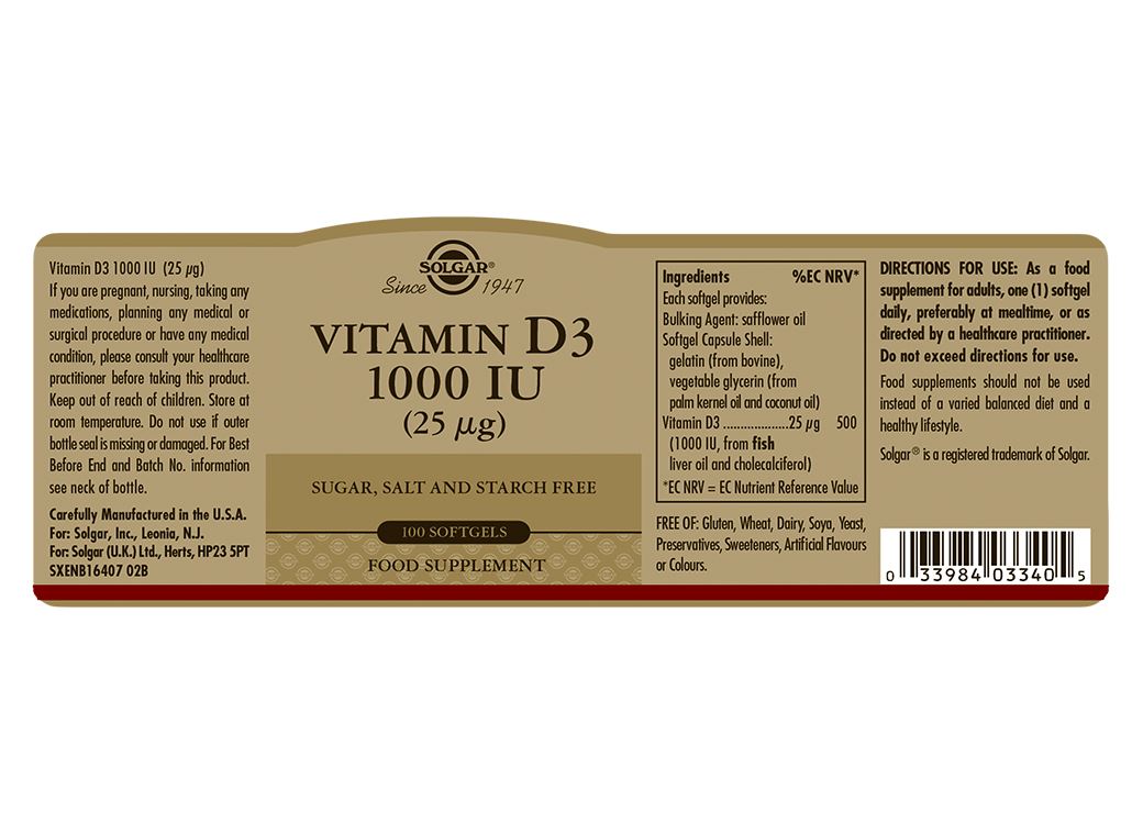 Solgar Vitamin D3 1000 IU (25 µg) - 100 Softgels