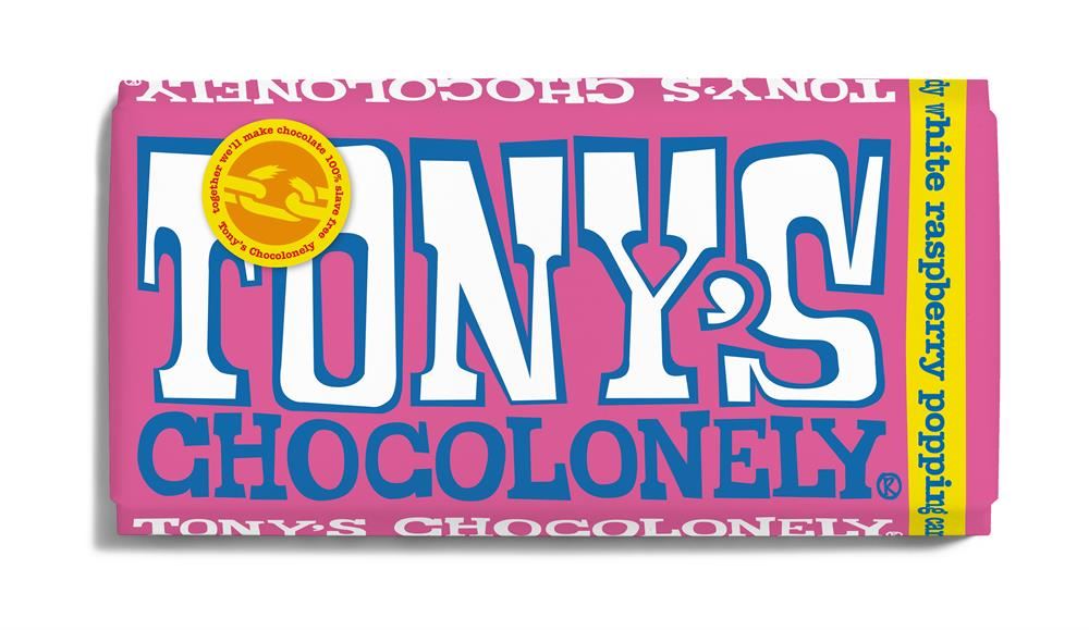 Tonys Chocolonely White Chocolate Raspberry Popping Candy Chocolate Bar 180g
