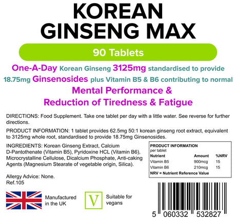 Lindens Korean Ginseng Max 3125mg - 90 Tablets