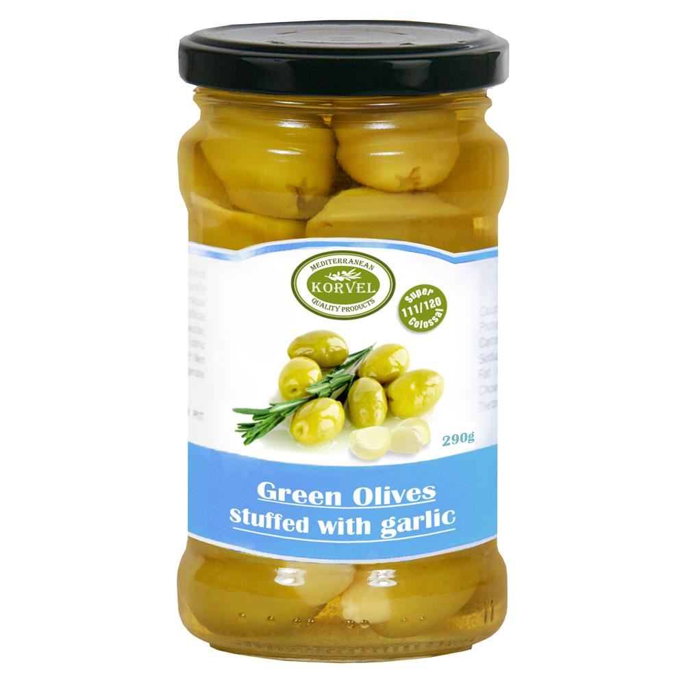 Korvel Greek Garlic Stuffed Olives Super Colossal 290g - 12 Pack