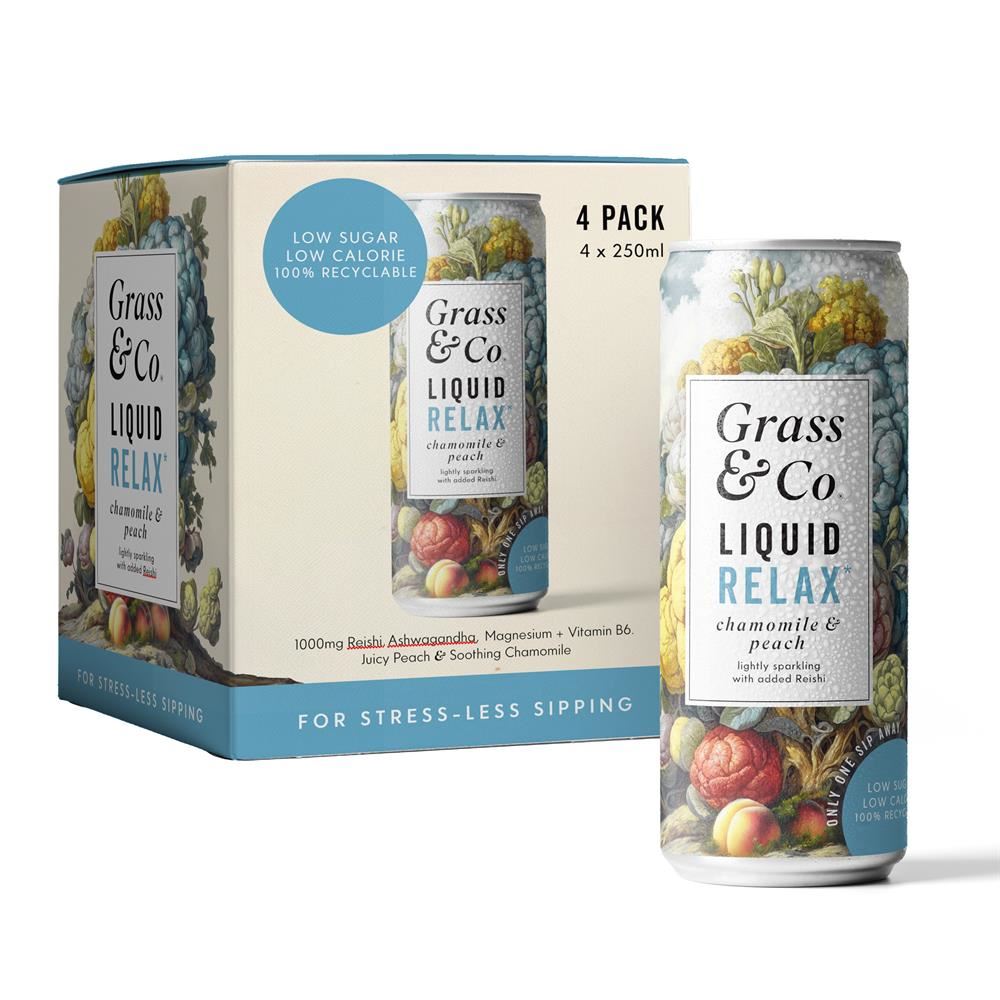 Grass and Co 4 x Liquid RELAX Peach Chamomile & Reishi Nootropic Drink 250ml