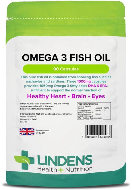 Lindens Omega 3 Fish Oil (30% DHA/EPA) 1000mg - 90 Capsules