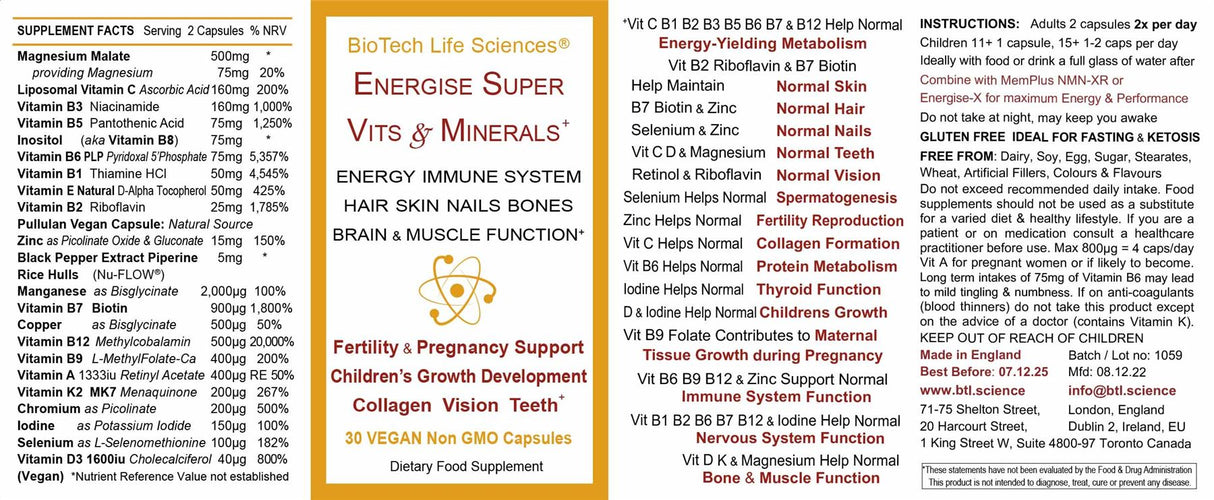 BioTech Life Sciences Energise Super Vitamins & Minerals - worlds strongest