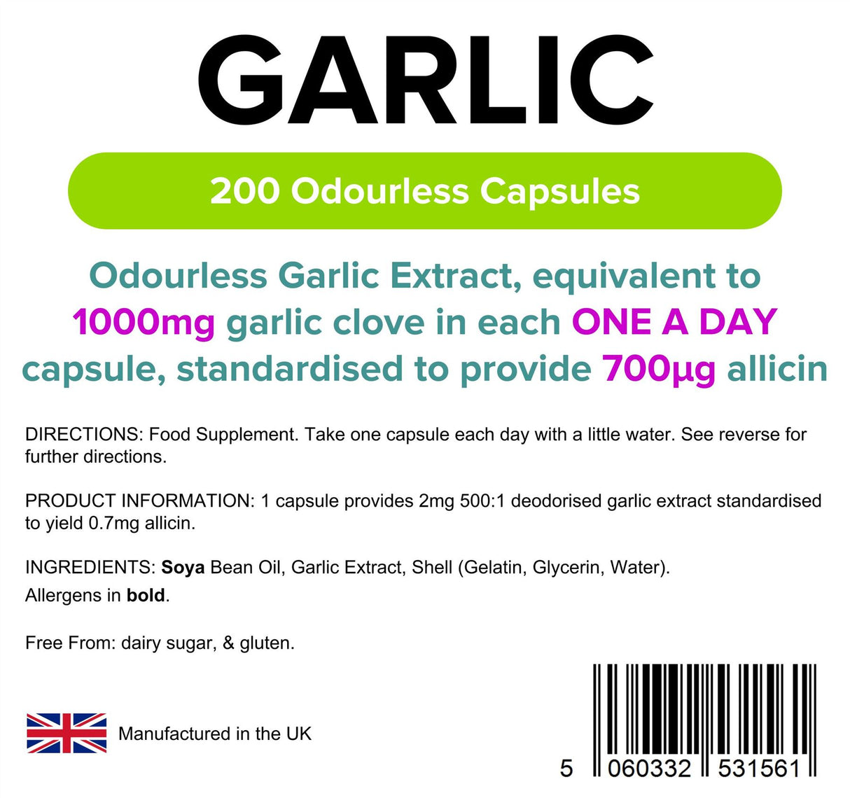 Lindens Garlic 1000mg - 200 Odourless Capsules