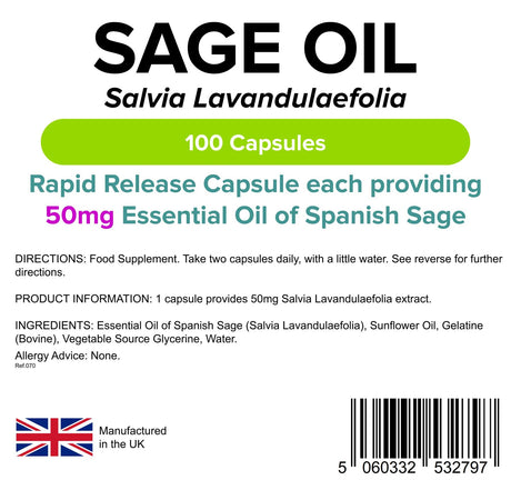 Lindens Sage Oil (Essential Oil of Spanish Sage 50mg) - 100 Capsules