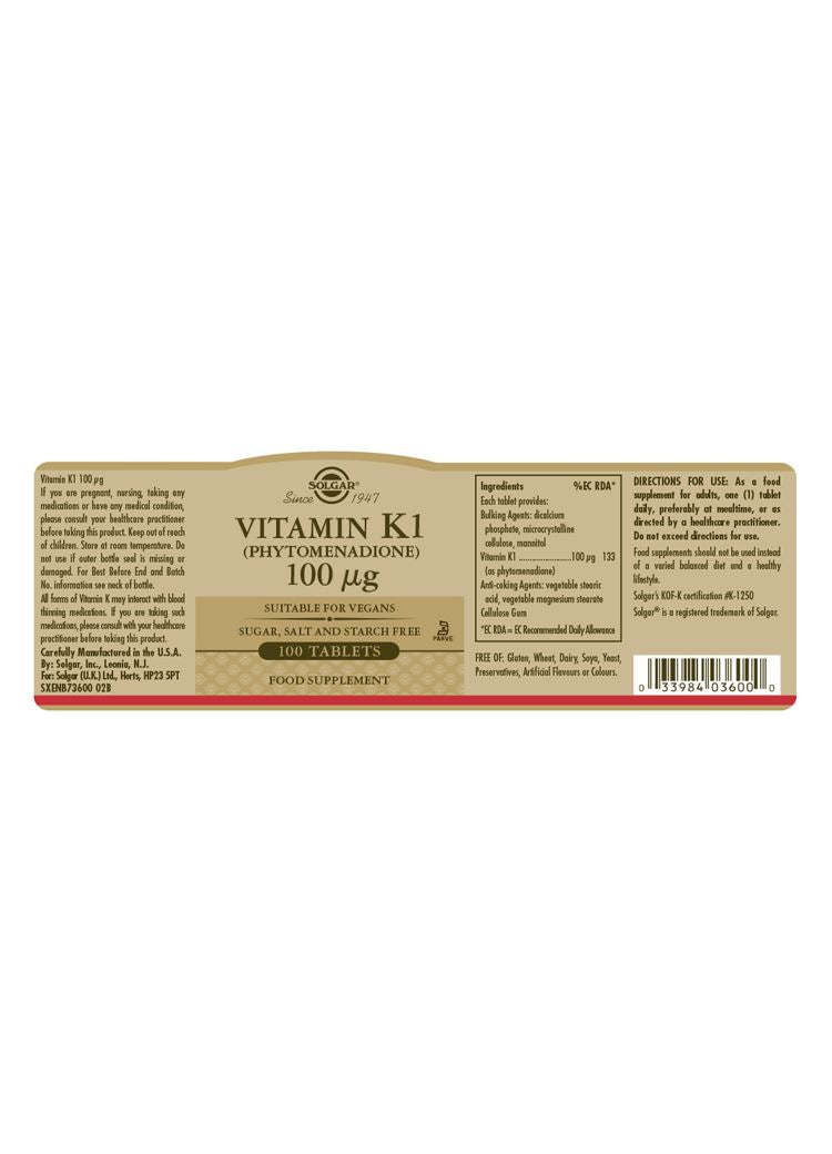Solgar Vitamin K1 (Phytomenadione) 100 µg - 100 Tablets
